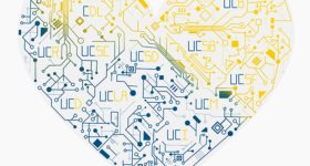 Heart made out of circuits, with the names of all University of California campuses.