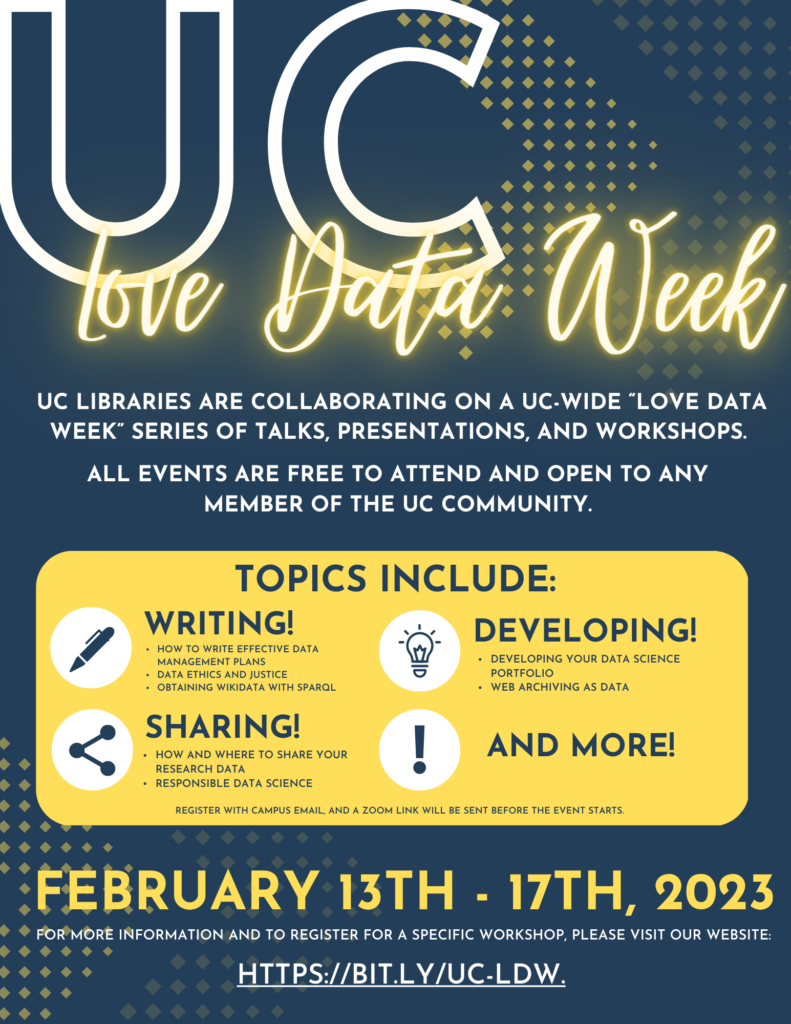 UC Love Data Week flyer notes UC libraries are collaborating for talks, presentations, and workshops. All events are free and open to any member of the UC community. Topics include writing, developing, sharing, and more! Register with your campus email for zoom links to be sent before the events start.