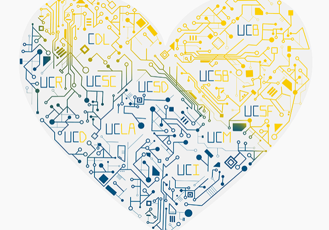 Heart made out of circuits, with the names of all University of California campuses.